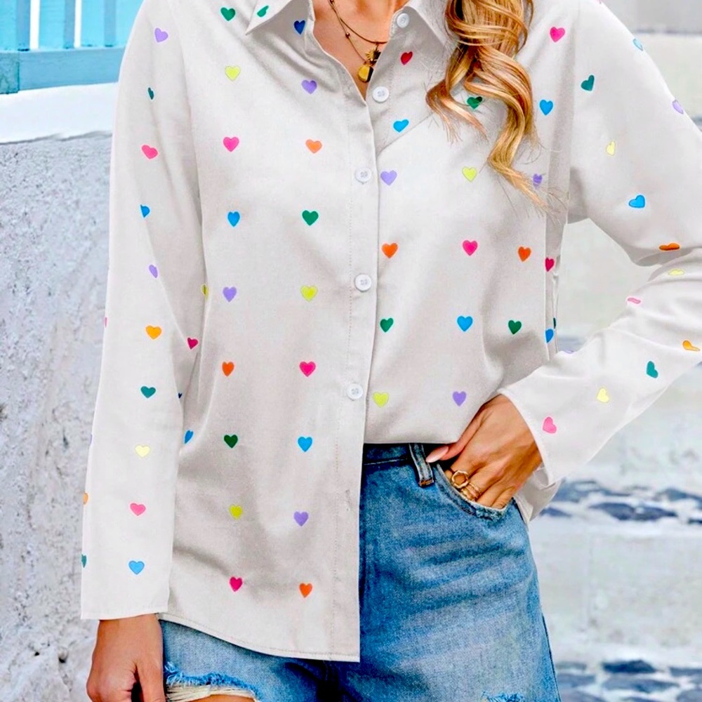 White button down blouse with multicolored hearts 1XL